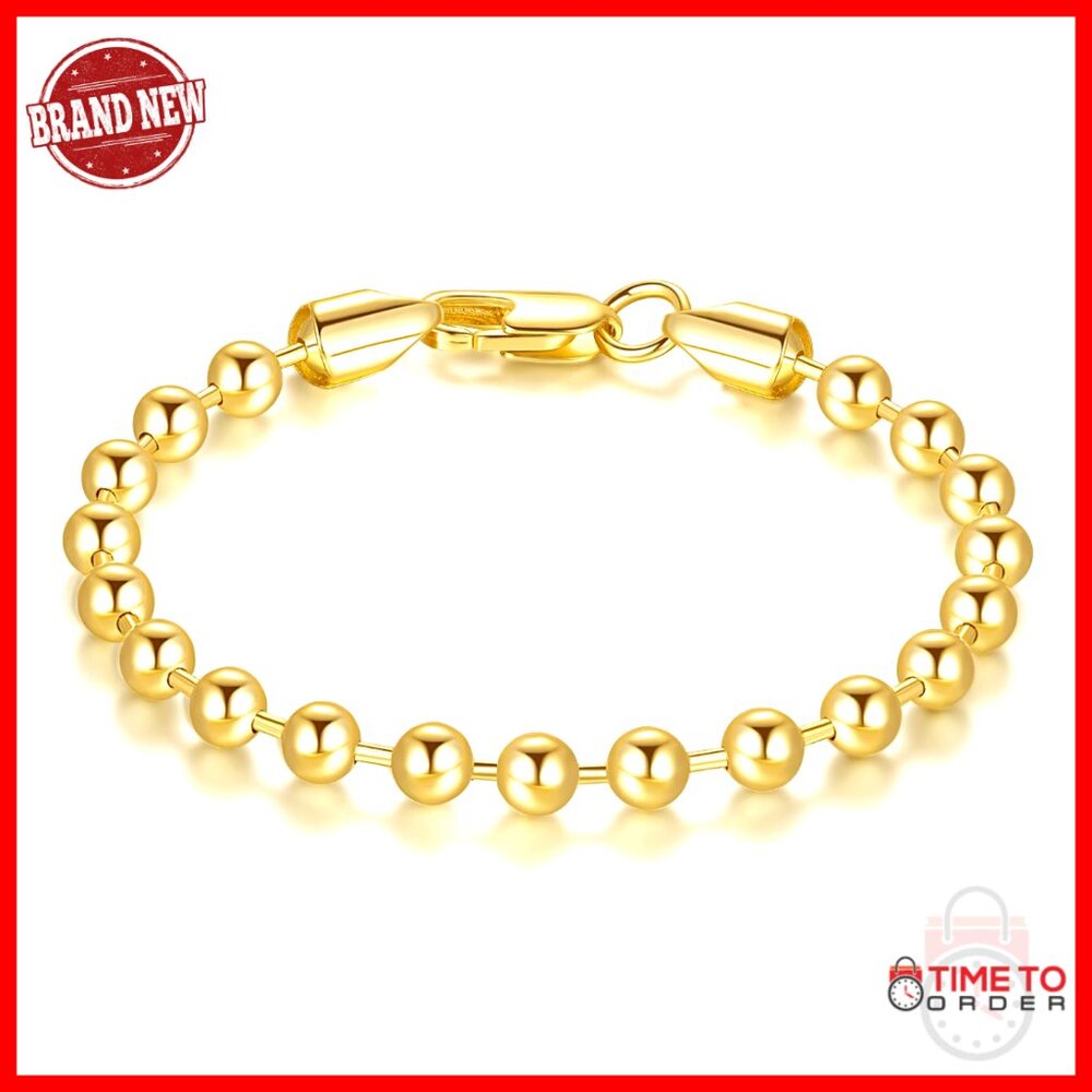 14k Gold Plated Bead Chain Bracelet Minimal Elegant Unisex Stackable Lobster